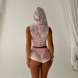 Baby Pink Lace Hooded Drape Tank Top