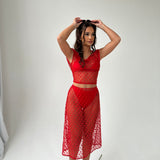 Red Polka Dot Mesh Floaty Midi Skirt