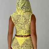 Yellow Lace Hooded Drape Tank Top