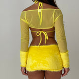 Yellow Faux Fur Cuffs / Mesh Shrug