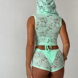 Mint Green Lace Hooded Drape Tank Top