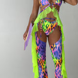 Neon Leopard / Green Mesh Frill 3 Piece Chaps Set