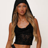 [Preorder] Black Lace Hooded Drape Tank Top