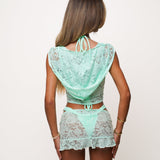 Mint Green Lace Hooded Drape Tank Top